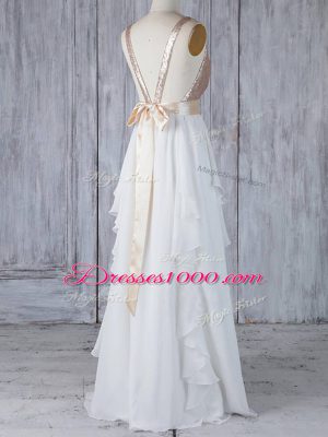 Noble Ruffles and Sequins Bridesmaid Gown White Backless Sleeveless Floor Length