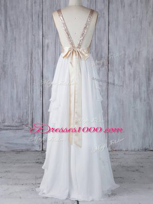 Noble Ruffles and Sequins Bridesmaid Gown White Backless Sleeveless Floor Length