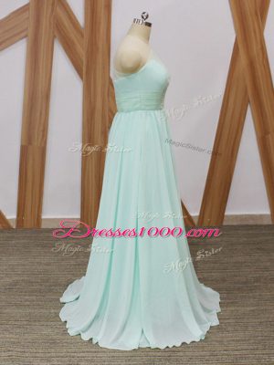 Edgy Apple Green Chiffon Side Zipper One Shoulder Sleeveless Bridesmaid Dresses Sweep Train Ruching