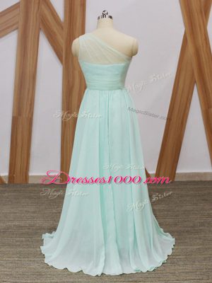 Edgy Apple Green Chiffon Side Zipper One Shoulder Sleeveless Bridesmaid Dresses Sweep Train Ruching