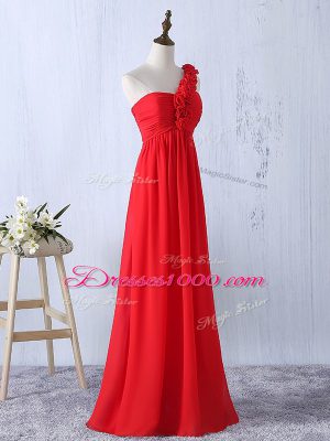 One Shoulder Sleeveless Chiffon Bridesmaids Dress Hand Made Flower Lace Up