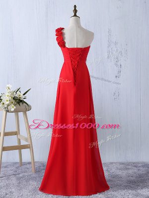 One Shoulder Sleeveless Chiffon Bridesmaids Dress Hand Made Flower Lace Up