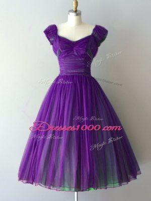 Purple V-neck Neckline Ruching Bridesmaid Dress Cap Sleeves Lace Up