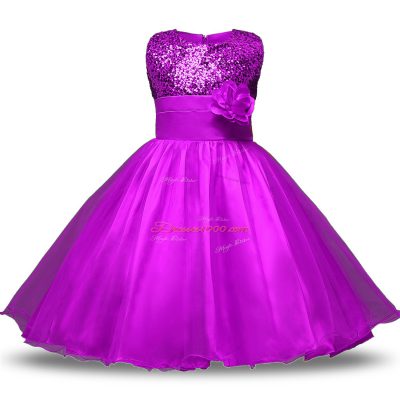 Charming Purple Ball Gowns Organza and Sequined Scoop Sleeveless Belt and Hand Made Flower Knee Length Zipper Flower Girl Dresses for Less