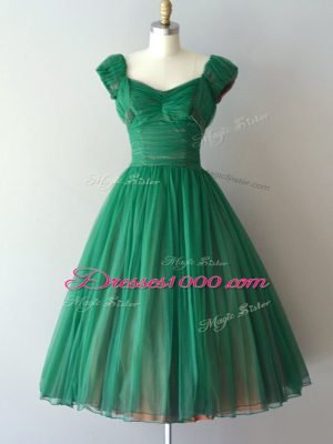 Chiffon V-neck Cap Sleeves Lace Up Ruching Quinceanera Court of Honor Dress in Green