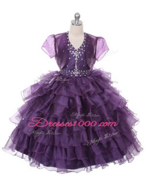 Purple Halter Top Neckline Ruffled Layers Kids Pageant Dress Sleeveless Lace Up