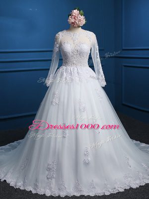 Designer White Zipper Wedding Gown Lace and Appliques Long Sleeves Court Train