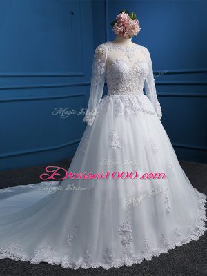 Designer White Zipper Wedding Gown Lace and Appliques Long Sleeves Court Train