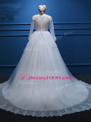 Designer White Zipper Wedding Gown Lace and Appliques Long Sleeves Court Train