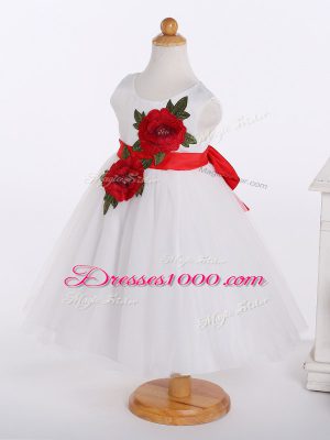 Fantastic Knee Length Zipper Toddler Flower Girl Dress White for Wedding Party with Bowknot and Hand Made Flower