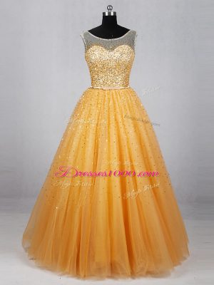 Sophisticated Floor Length A-line Sleeveless Gold Prom Evening Gown Lace Up