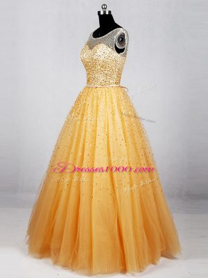 Sophisticated Floor Length A-line Sleeveless Gold Prom Evening Gown Lace Up
