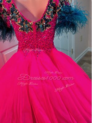 Wonderful Short Sleeves Mini Length Beading and Sequins Zipper Party Dress for Girls with Fuchsia