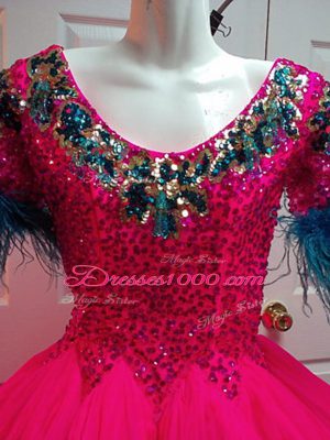 Wonderful Short Sleeves Mini Length Beading and Sequins Zipper Party Dress for Girls with Fuchsia