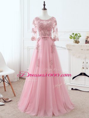Luxury Pink Empire Lace and Appliques and Belt Mother of Groom Dress Lace Up Tulle 3 4 Length Sleeve Floor Length
