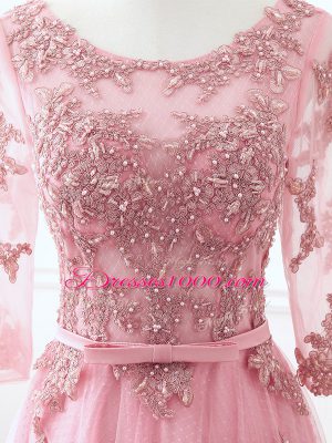 Luxury Pink Empire Lace and Appliques and Belt Mother of Groom Dress Lace Up Tulle 3 4 Length Sleeve Floor Length