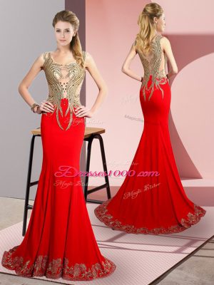 Edgy Red Dress for Prom Prom and Party and Beach with Beading and Appliques Scoop Sleeveless Brush Train Side Zipper