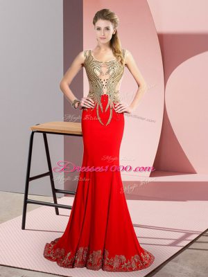 Edgy Red Dress for Prom Prom and Party and Beach with Beading and Appliques Scoop Sleeveless Brush Train Side Zipper