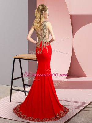 Edgy Red Dress for Prom Prom and Party and Beach with Beading and Appliques Scoop Sleeveless Brush Train Side Zipper
