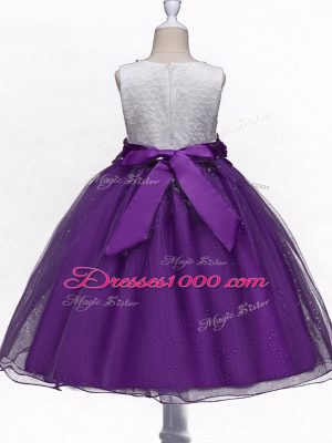 Tulle Scoop Sleeveless Zipper Lace and Hand Made Flower Little Girls Pageant Dress Wholesale in Purple