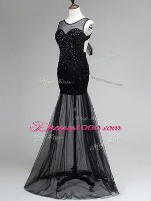 Suitable Black Empire Tulle Scoop Sleeveless Beading Floor Length Backless Prom Party Dress