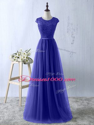 Lace Junior Homecoming Dress Blue Zipper Short Sleeves Floor Length