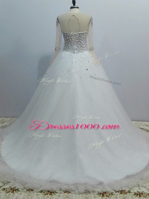 Captivating White Wedding Dress Wedding Party with Beading Scoop Long Sleeves Brush Train Lace Up