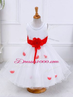 White Ball Gowns Scoop Sleeveless Tulle Tea Length Lace Up Hand Made Flower Teens Party Dress