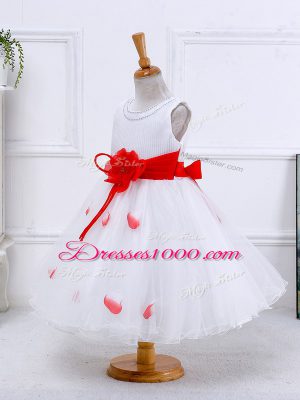 White Ball Gowns Scoop Sleeveless Tulle Tea Length Lace Up Hand Made Flower Teens Party Dress