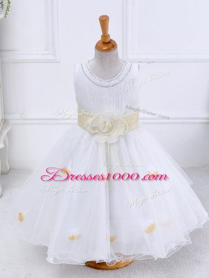 White Ball Gowns Scoop Sleeveless Tulle Tea Length Lace Up Hand Made Flower Teens Party Dress