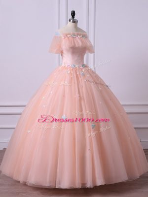 Tulle Short Sleeves Floor Length Quinceanera Gowns and Lace and Appliques