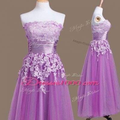 Beauteous Purple Tulle Lace Up Strapless Sleeveless Tea Length Wedding Party Dress Appliques