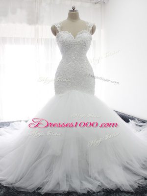Tulle Sleeveless Wedding Dresses Court Train and Beading and Ruffles