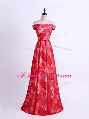 Perfect Red Dama Dress Prom and Party and Wedding Party with Pattern Off The Shoulder Sleeveless Lace Up
