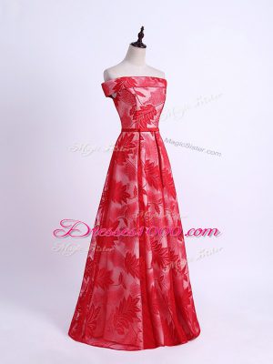 Perfect Red Dama Dress Prom and Party and Wedding Party with Pattern Off The Shoulder Sleeveless Lace Up