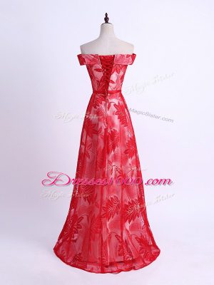 Perfect Red Dama Dress Prom and Party and Wedding Party with Pattern Off The Shoulder Sleeveless Lace Up