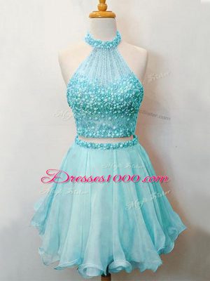 Knee Length Two Pieces Sleeveless Aqua Blue Quinceanera Court Dresses Lace Up