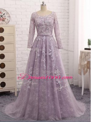 Lavender Zipper Scoop Beading and Appliques Mother of Bride Dresses Tulle Sleeveless Brush Train