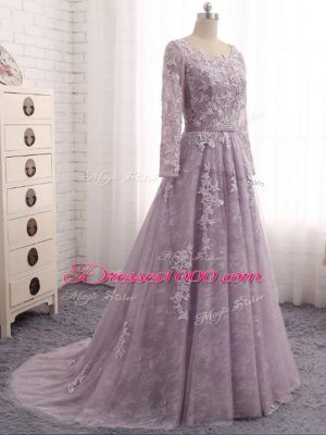 Lavender Zipper Scoop Beading and Appliques Mother of Bride Dresses Tulle Sleeveless Brush Train