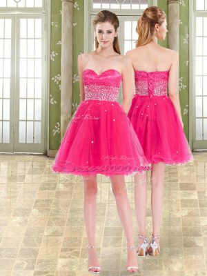 Graceful Tulle Sweetheart Sleeveless Lace Up Beading and Ruffles Party Dresses in Hot Pink