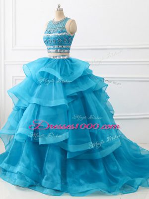 Latest Baby Blue Sleeveless Brush Train Beading and Ruffles Sweet 16 Dresses