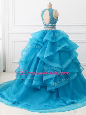 Latest Baby Blue Sleeveless Brush Train Beading and Ruffles Sweet 16 Dresses