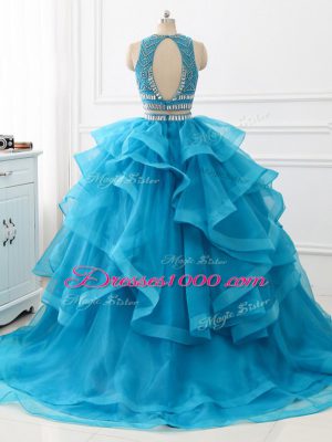 Latest Baby Blue Sleeveless Brush Train Beading and Ruffles Sweet 16 Dresses