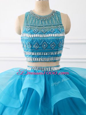 Latest Baby Blue Sleeveless Brush Train Beading and Ruffles Sweet 16 Dresses