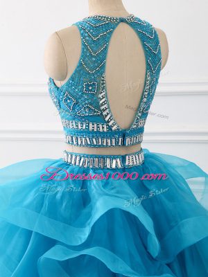 Latest Baby Blue Sleeveless Brush Train Beading and Ruffles Sweet 16 Dresses