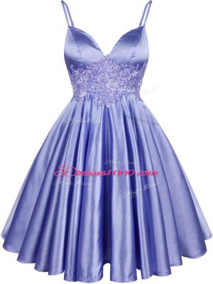 Customized Knee Length Light Blue Wedding Guest Dresses Elastic Woven Satin Sleeveless Lace
