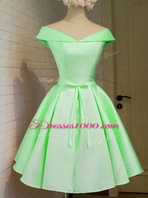 Fancy A-line Off The Shoulder Cap Sleeves Taffeta Knee Length Lace Up Belt Bridesmaid Gown