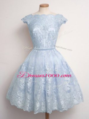 Cheap Light Blue Lace Up Scalloped Lace Bridesmaids Dress Lace Cap Sleeves