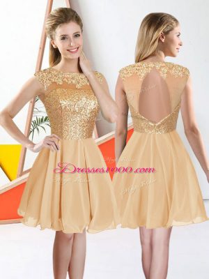 Champagne Bateau Neckline Beading and Lace Bridesmaid Gown Sleeveless Backless