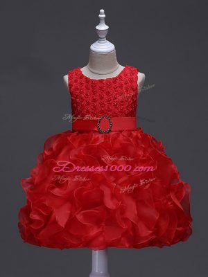 Sleeveless Lace Up Knee Length Ruffles and Belt Pageant Gowns For Girls